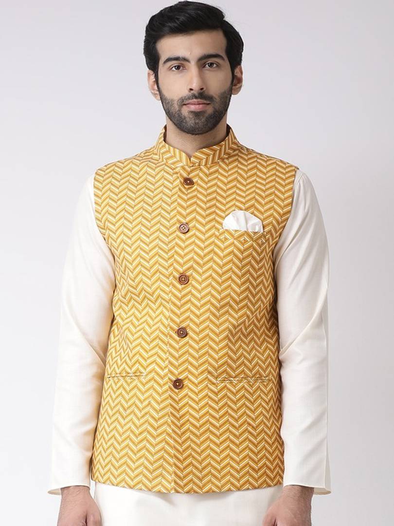 Men's Yellow Cotton
 Printed Nehru Jackets